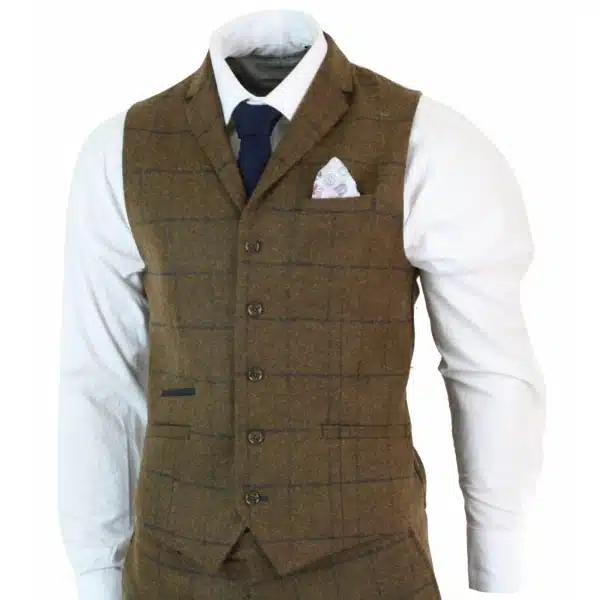 Mens Herringbone Tweed Check 3 Piece Wool Suit Peaky Blinders - Tan Brown