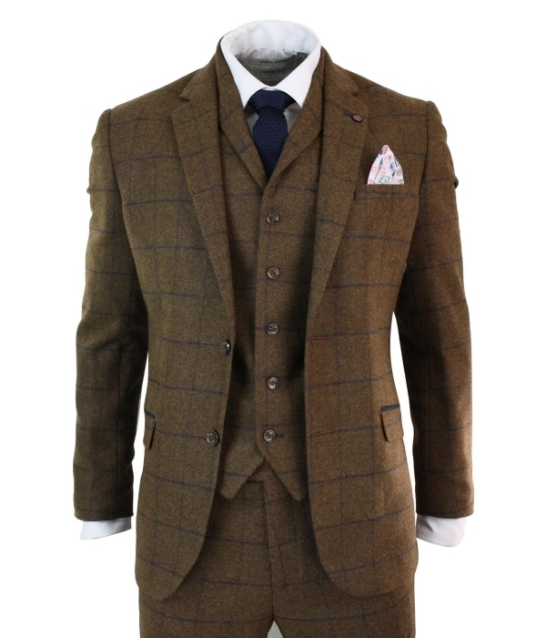 Mens Herringbone Tweed Check 3 Piece Wool Suit Peaky Blinders - Tan Brown