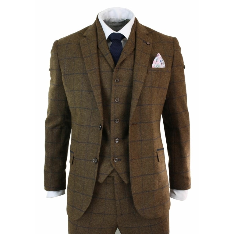 Mens Herringbone Tweed Check 3 Piece Wool Suit Peaky Blinders - Tan ...