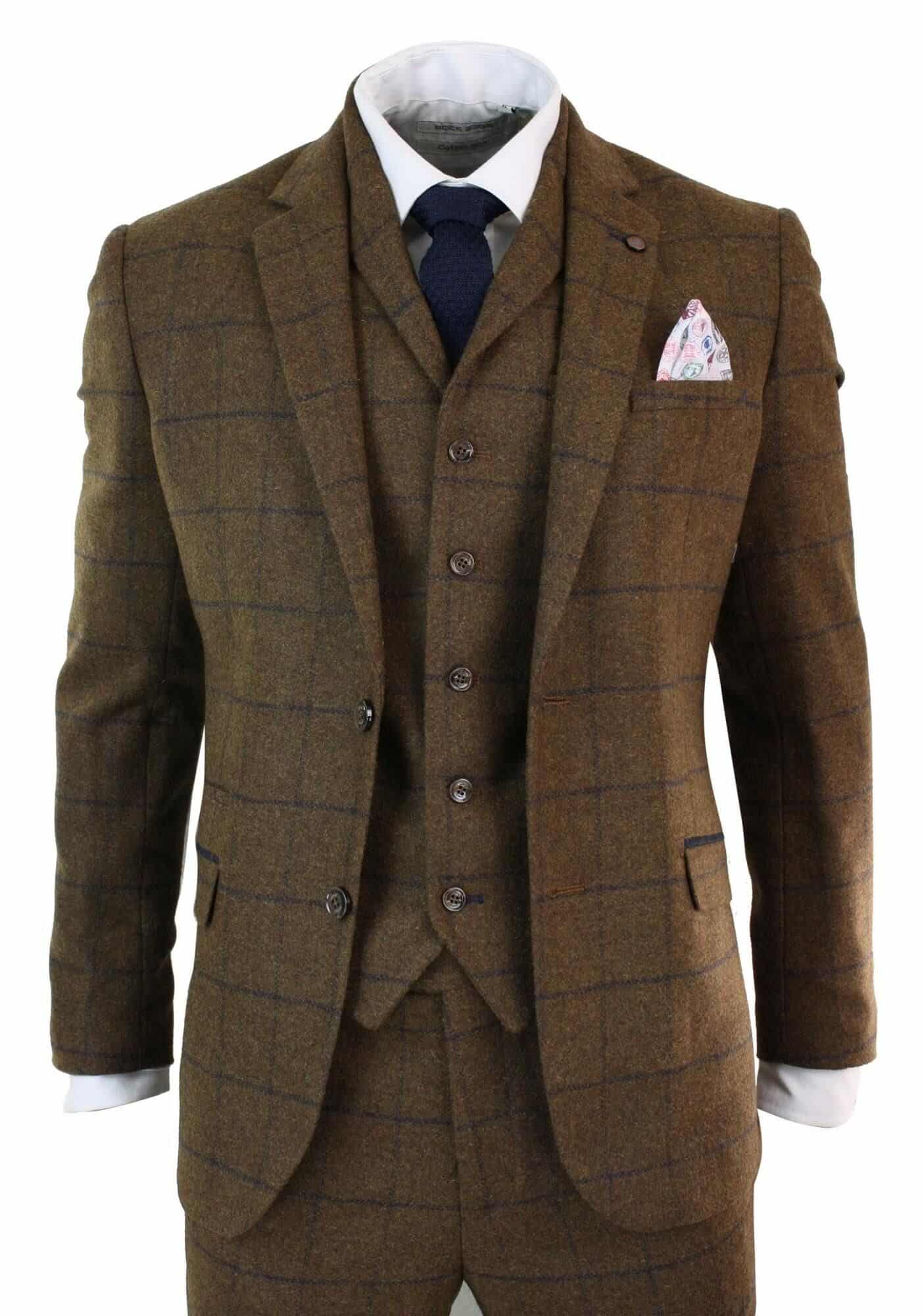 Mens 3 Piece Tweed Peaky Blinders Style Tan Brown Check Suit 