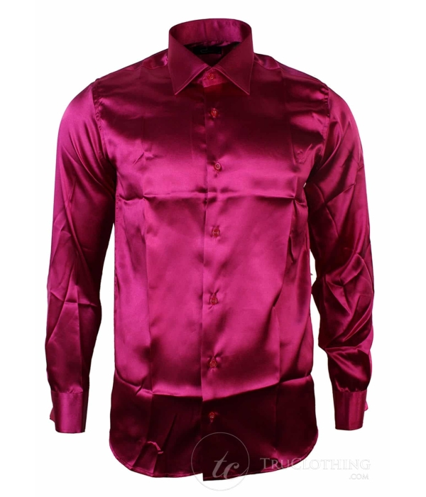 Mens Italian Design Silk Satin Finish Shirt Smart Slim Fit