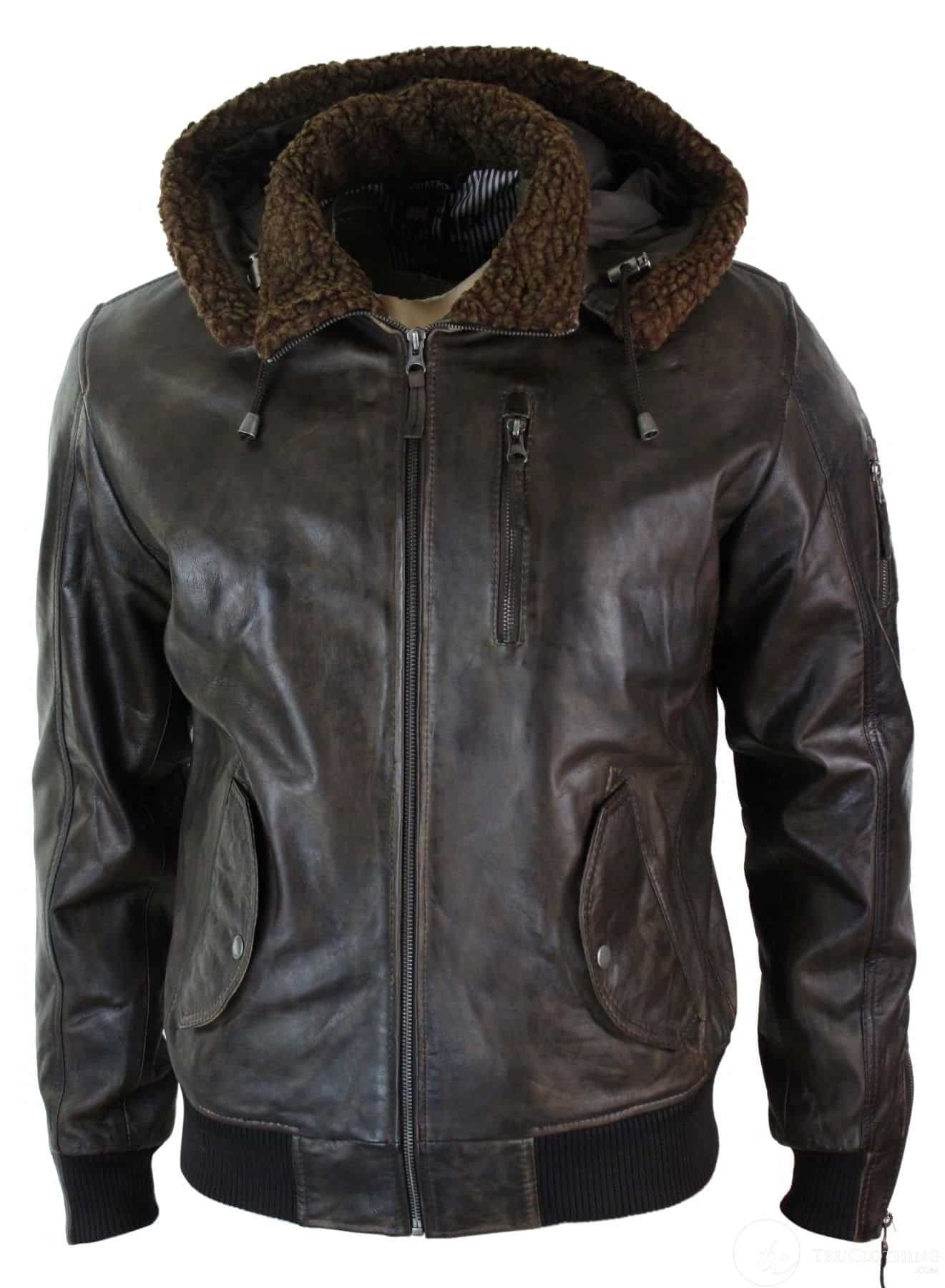 Mens Real Leather Hood Fur Jacket Bomber Aviator Vintage Brown Retro ...