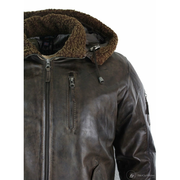 Mens Real Leather Hood Fur Jacket Bomber Aviator Vintage Brown Retro-Brown