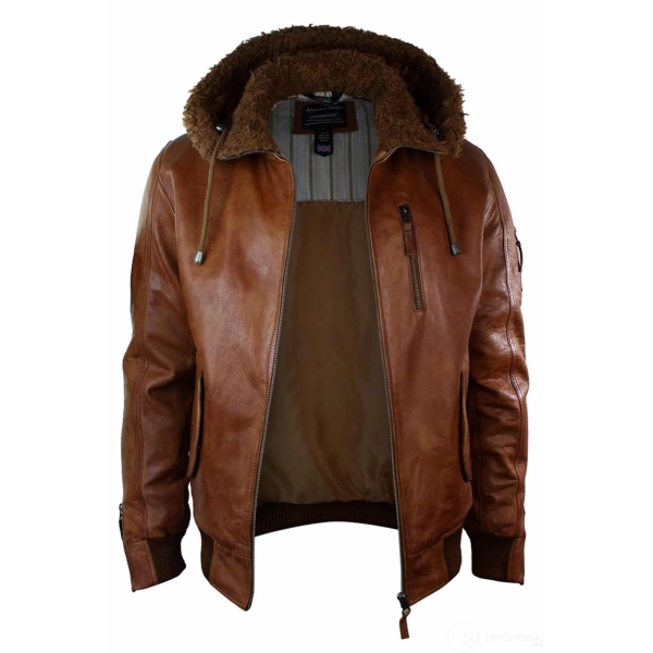 Mens Real Leather Hood Fur Jacket Bomber Aviator Vintage Brown Retro-Tan
