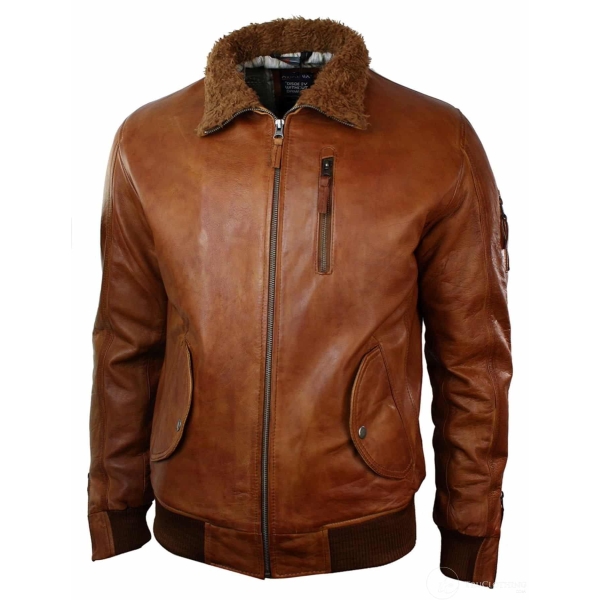 Mens Real Leather Hood Fur Jacket Bomber Aviator Vintage Brown Retro-Tan