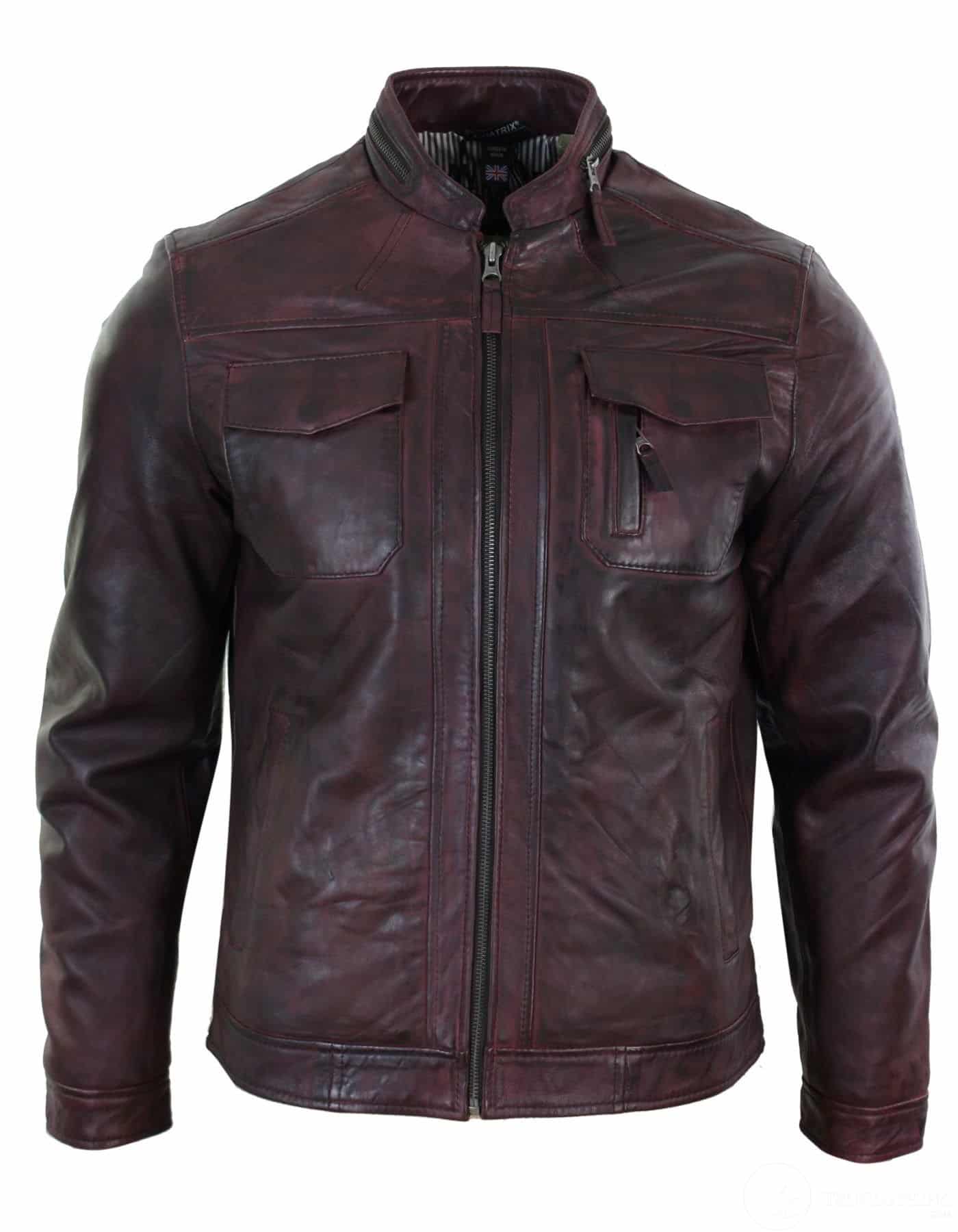 Real Leather Short Zipped Casual Wine Burgundy Retro Mens Biker Jacket ...