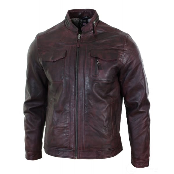 Real Leather Short Zipped Casual Wine Burgundy Retro Mens Biker Jacket Washed Vintage