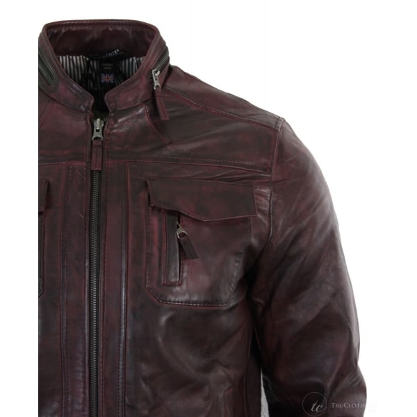 Real Leather Short Zipped Casual Wine Burgundy Retro Mens Biker Jacket Washed Vintage