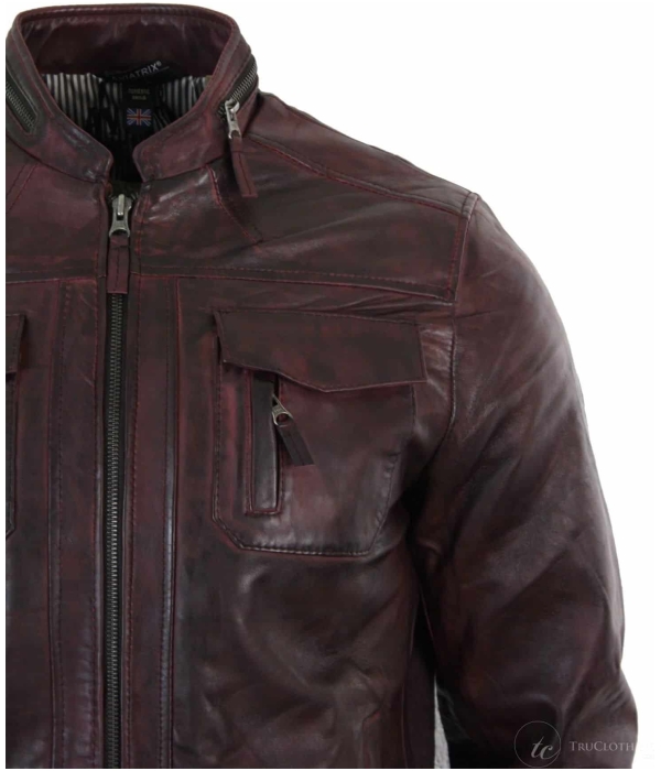 Real Leather Short Zipped Casual Wine Burgundy Retro Mens Biker Jacket Washed Vintage