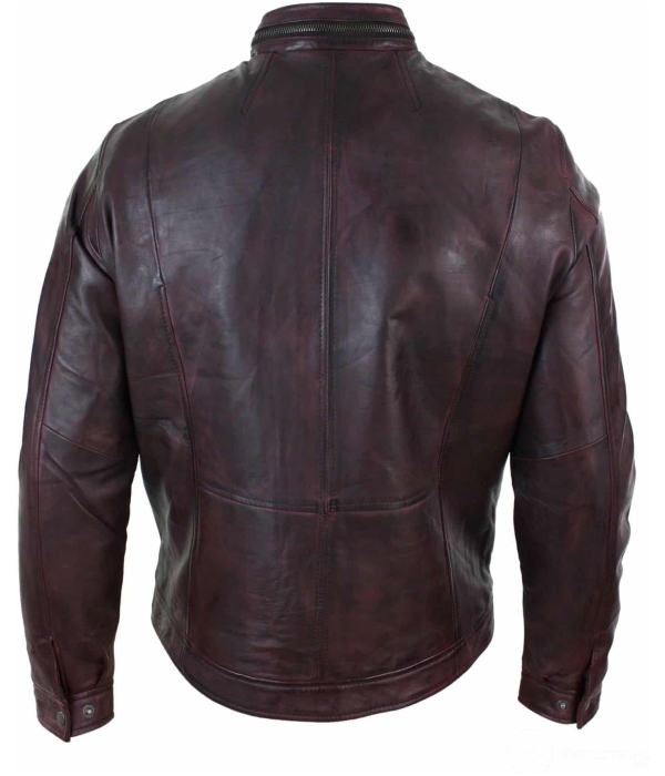 Real Leather Short Zipped Casual Wine Burgundy Retro Mens Biker Jacket Washed Vintage