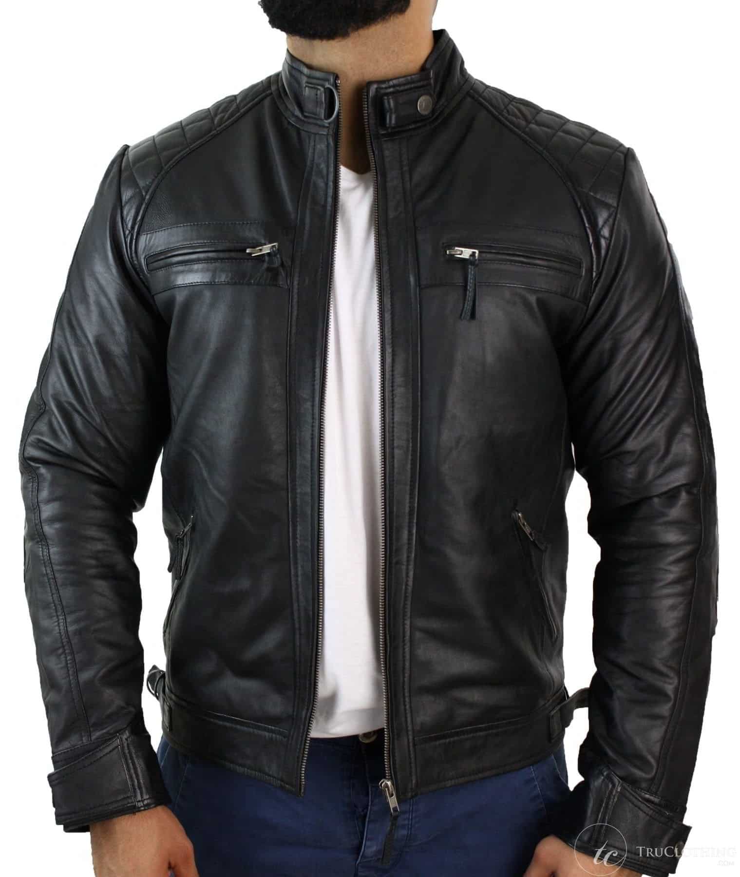 Real Leather Retro Style Zipped Mens Biker Jacket Soft Black Casual ...