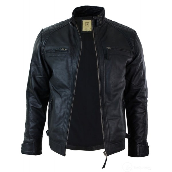 Real Leather Retro Style Zipped Mens Biker Jacket Soft Black Casual-Black