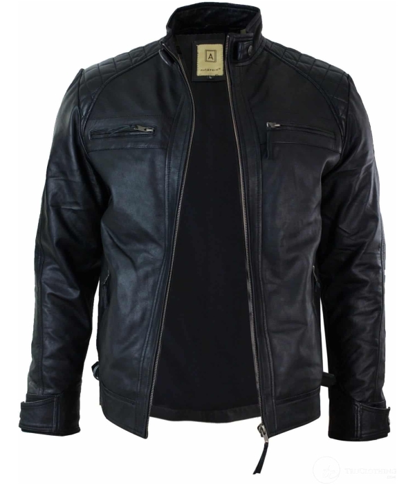 Real Leather Retro Style Zipped Mens Biker Jacket Soft Black Casual-Black