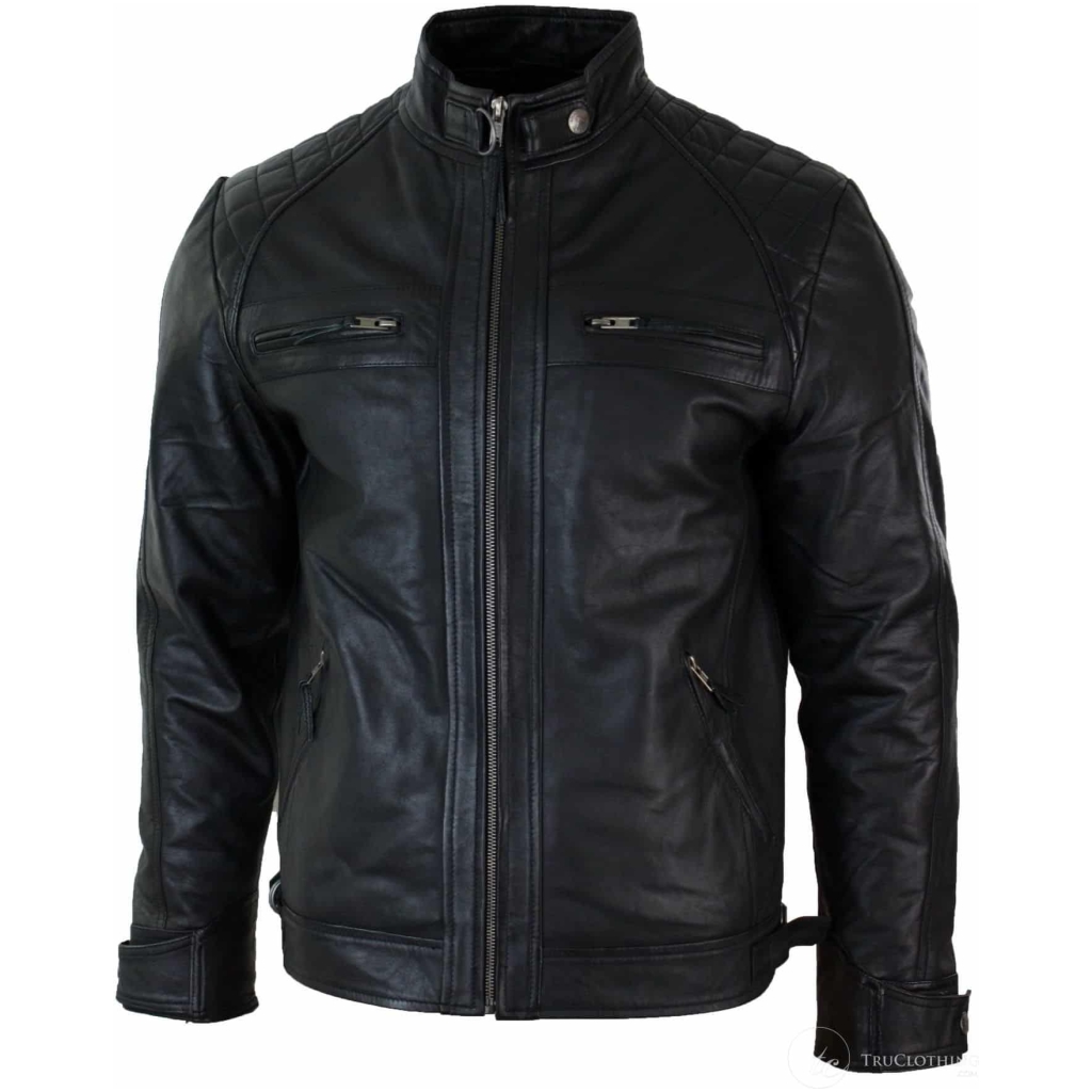 Real Leather Retro Style Zipped Mens Biker Jacket Soft Black Casual ...