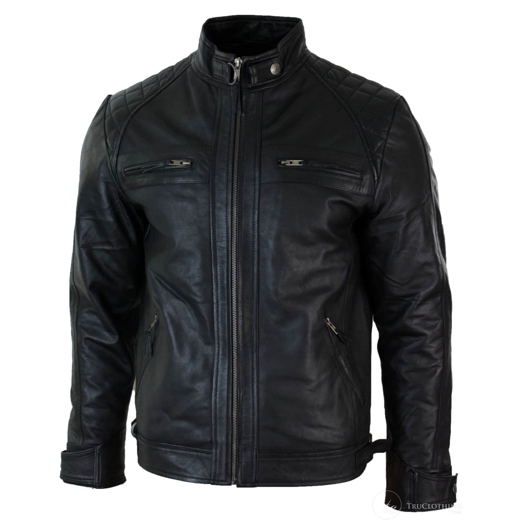 Real Leather Retro Style Zipped Mens Biker Jacket Soft Black Casual ...
