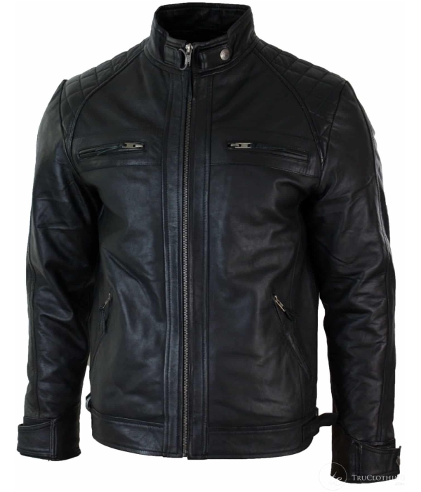 Real Leather Retro Style Zipped Mens Biker Jacket Soft Black Casual-Black