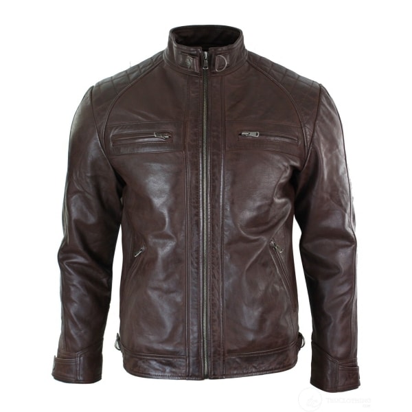 Real Leather Retro Style Zipped Mens Biker Jacket Soft Black Casual-Brown
