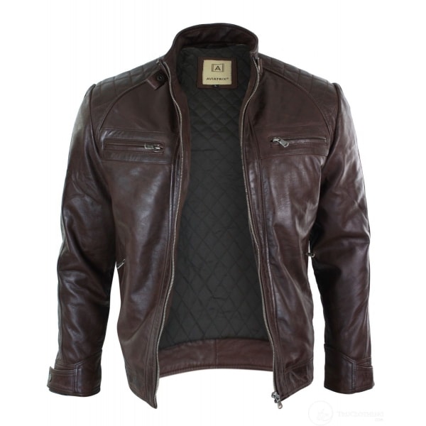 Real Leather Retro Style Zipped Mens Biker Jacket Soft Black Casual-Brown