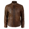 Mens Retro Style Zipped Biker Jacket Real Leather Soft Black Casual-Tan