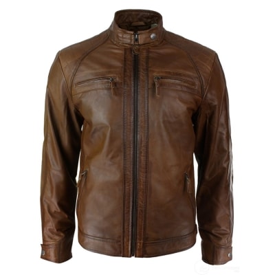 Mens Retro Style Zipped Biker Jacket Real Leather Soft Black Casual-Tan