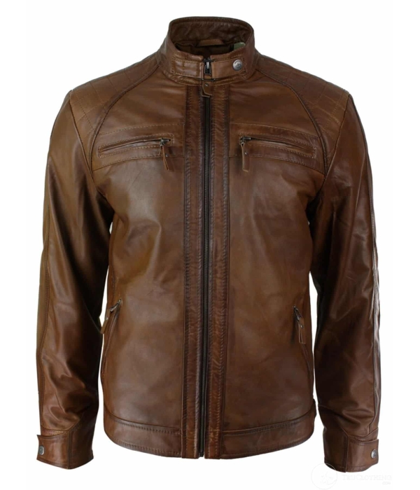 Mens Retro Style Zipped Biker Jacket Real Leather Soft Black Casual-Tan