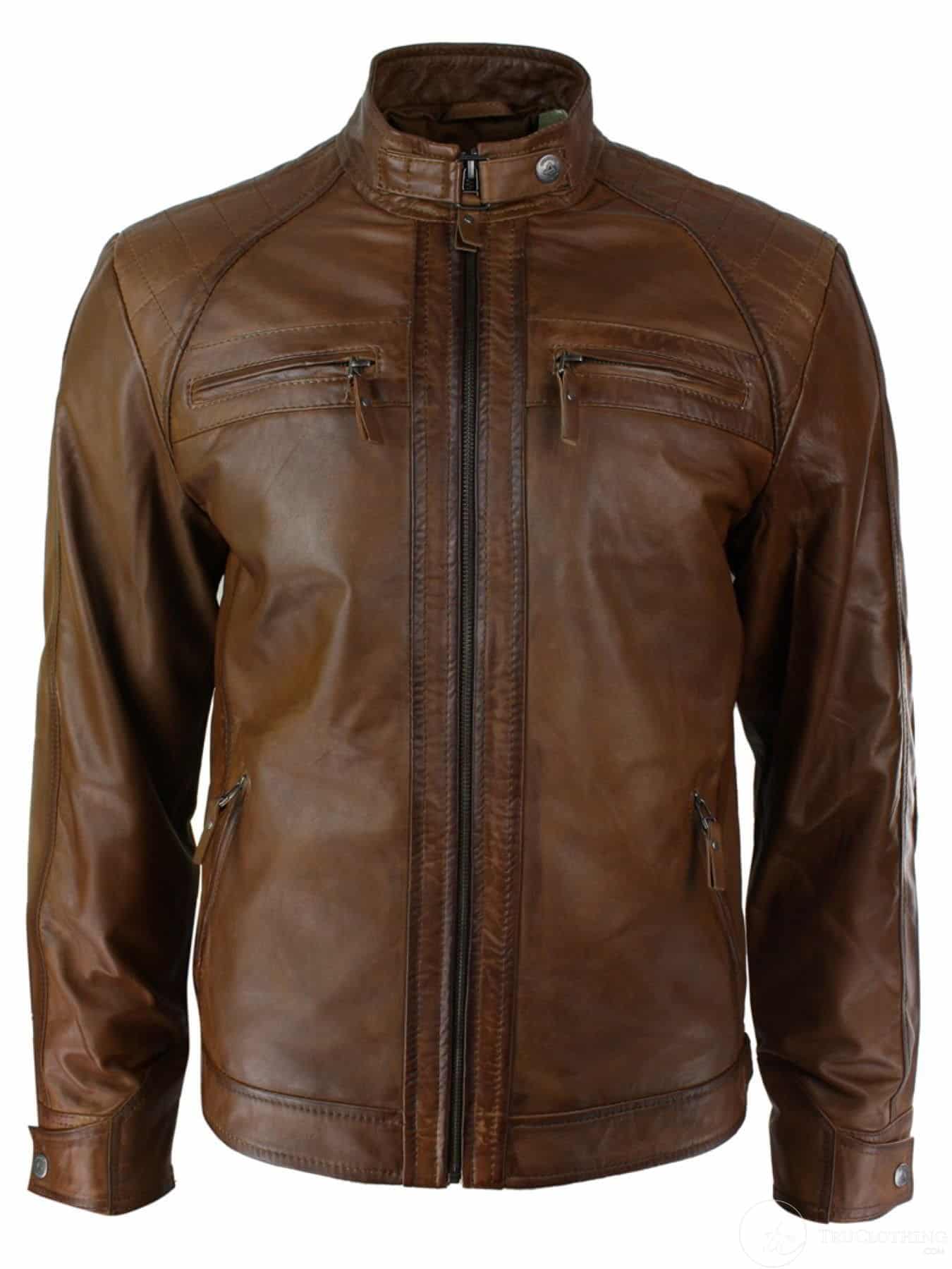 Mens Tan Soft Retro Urban Biker Style Zipped Casual Bomber Real Leather Jacket 