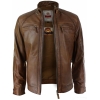 Mens Retro Style Zipped Biker Jacket Real Leather Soft Black Casual-Tan