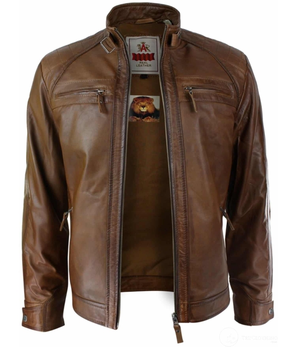 Mens Retro Style Zipped Biker Jacket Real Leather Soft Black Casual-Tan