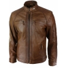 Mens Retro Style Zipped Biker Jacket Real Leather Soft Black Casual-Tan
