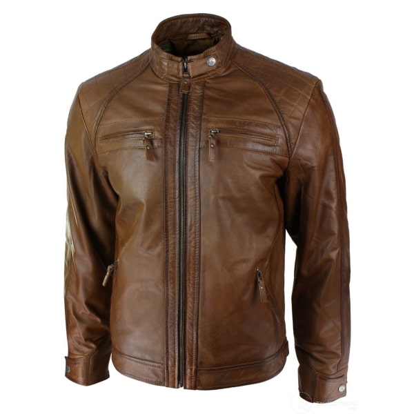 Mens Retro Style Zipped Biker Jacket Real Leather Soft Black Casual-Tan
