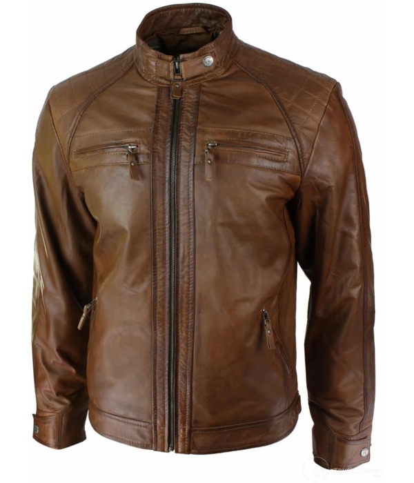 Mens Retro Style Zipped Biker Jacket Real Leather Soft Black Casual-Tan