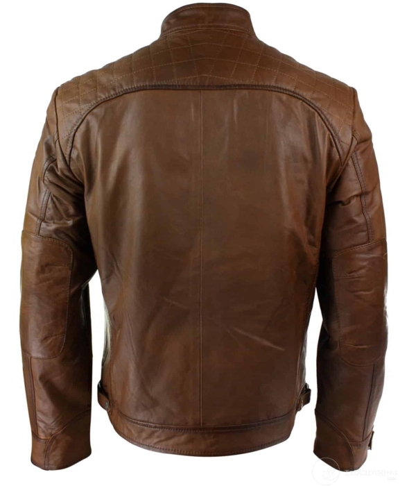 Mens Retro Style Zipped Biker Jacket Real Leather Soft Black Casual-Tan