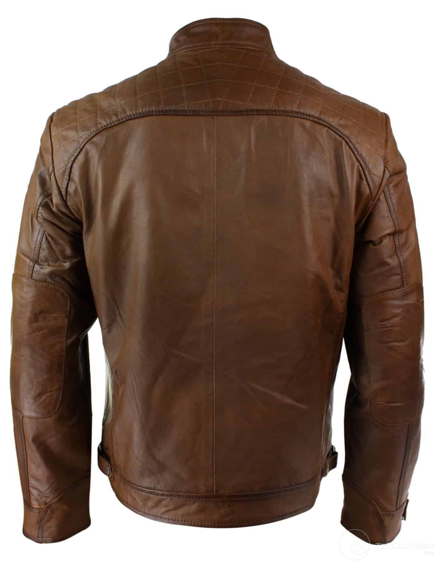 Mens Retro Style Zipped Biker Jacket Real Leather Soft Black Casual-Tan ...