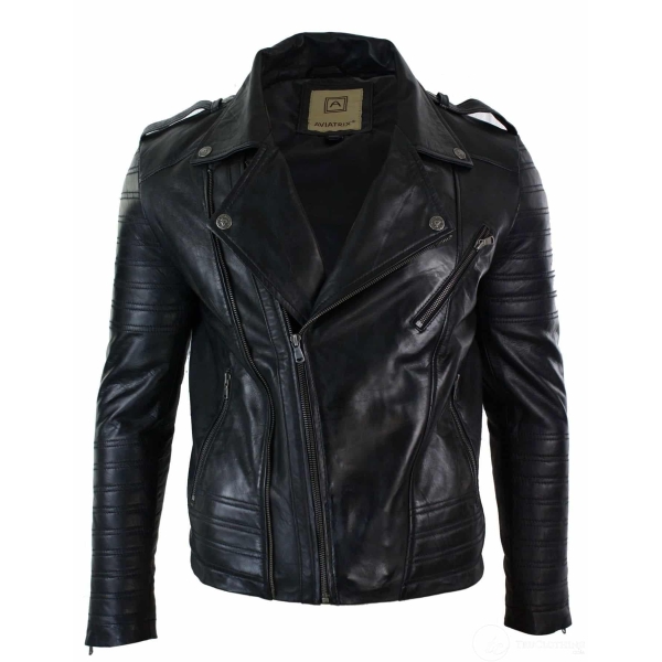 Real Leather Cross Zip Vintage Retro Mens Biker Jacket Black Urban Slim Fit-XXXL-Black