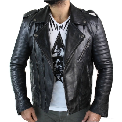 Real Leather Cross Zip Vintage Retro Mens Biker Jacket Black Urban Slim Fit-XXXL-Black