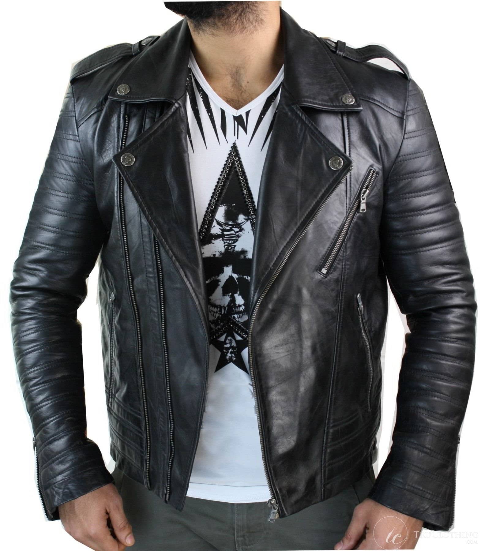 Real Leather Cross Zip Vintage Retro Mens Biker Jacket Black Urban Slim