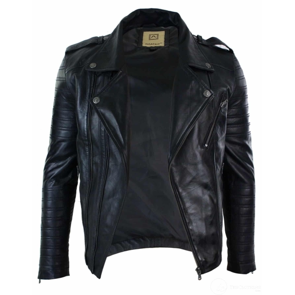 Real Leather Cross Zip Vintage Retro Mens Biker Jacket Black Urban Slim ...