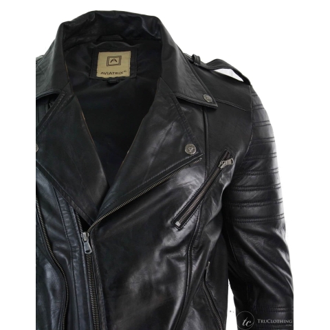 Real Leather Cross Zip Vintage Retro Mens Biker Jacket Black Urban Slim ...