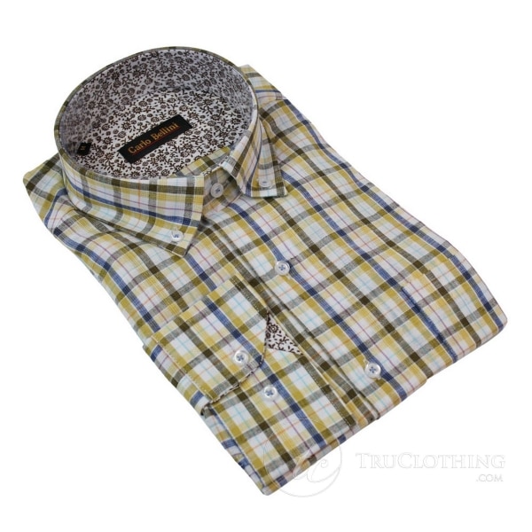 Mens Linen Button Collar Shirt Smart Casual Check Checked Yellow Red Navy White
