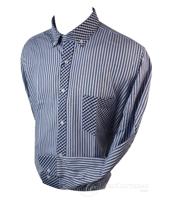 Mens Linen Button Collar Shirt Smart Casual Stripe & Check Trim Blue Burgandy White