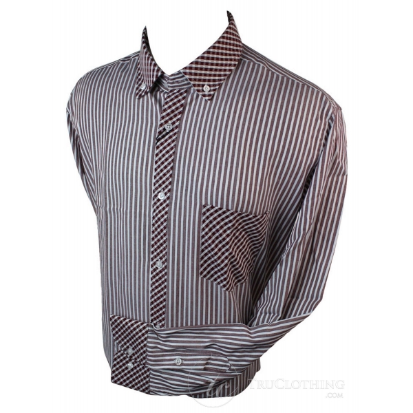Mens Linen Button Collar Shirt Smart Casual Stripe & Check Trim Blue Burgandy White