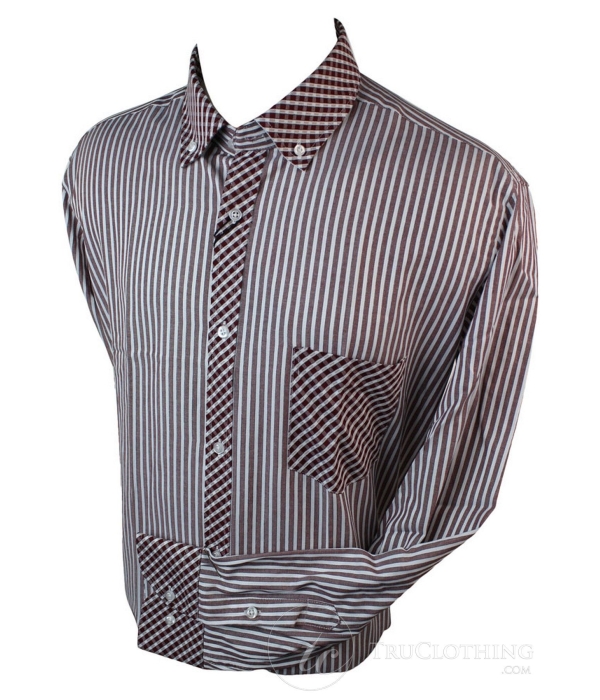 Mens Linen Button Collar Shirt Smart Casual Stripe & Check Trim Blue Burgandy White