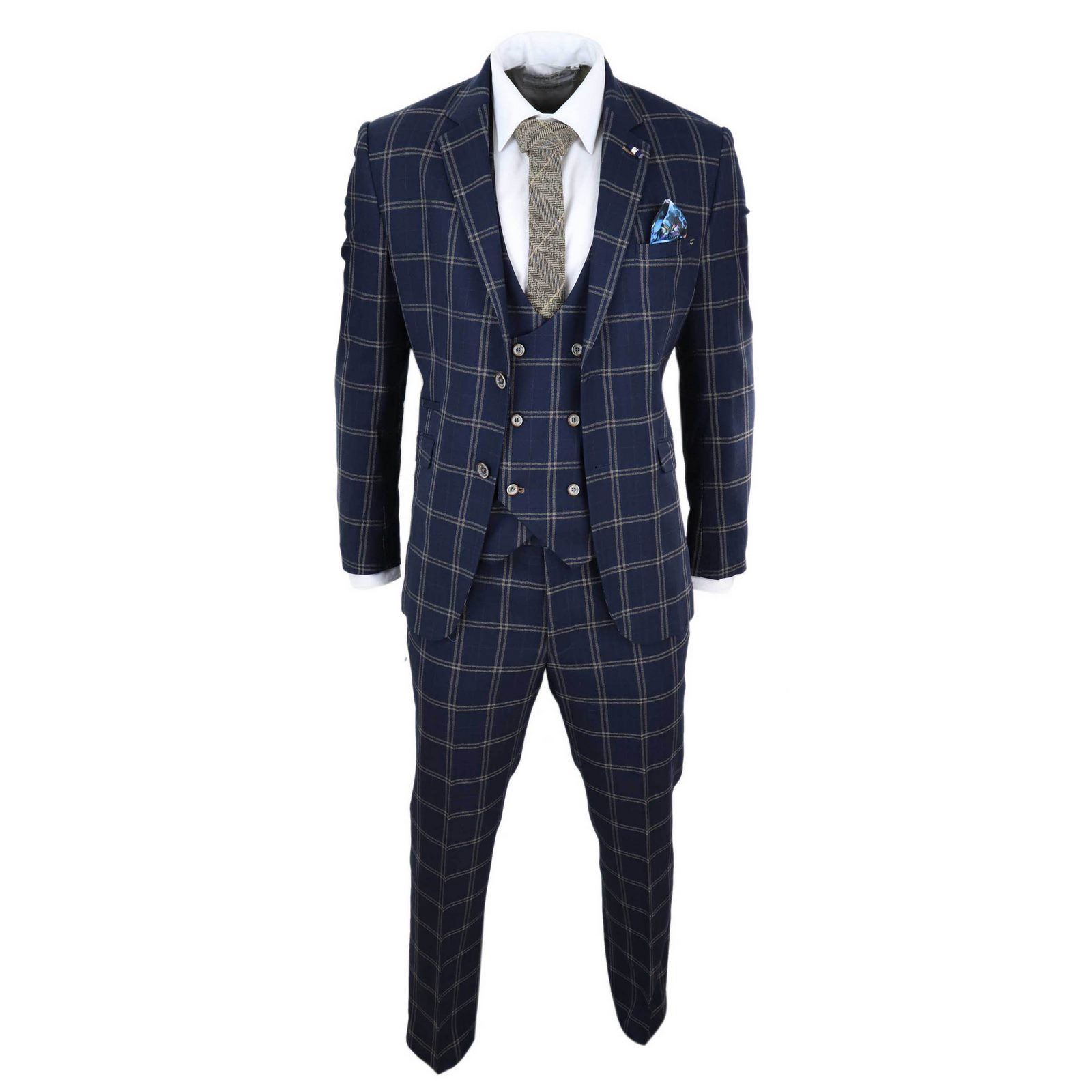 Mens Cavani Blue Check Wedding 3 Piece Suit Fashion Suits Vintage Tailored Fit