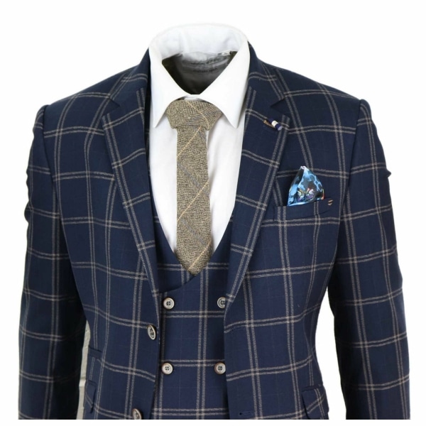 Mens Navy and Tan Check 3 Piece Suit - Cavani Hardy