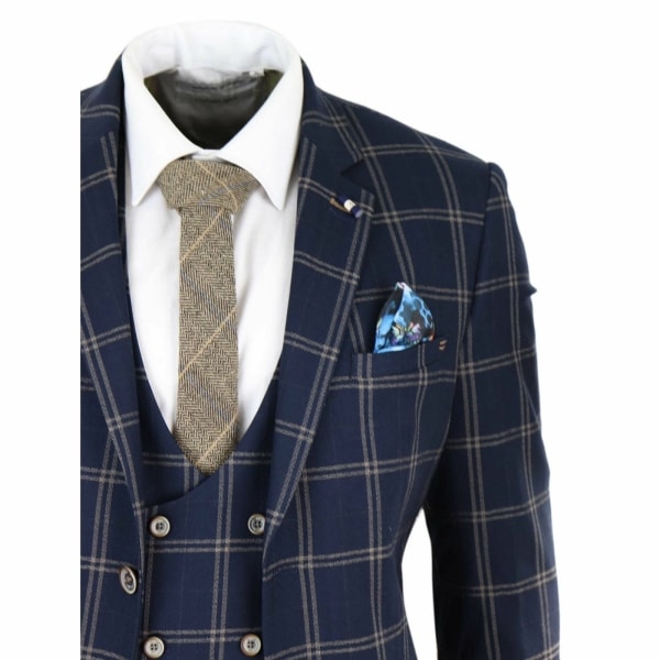 Mens Navy and Tan Check 3 Piece Suit - Cavani Hardy