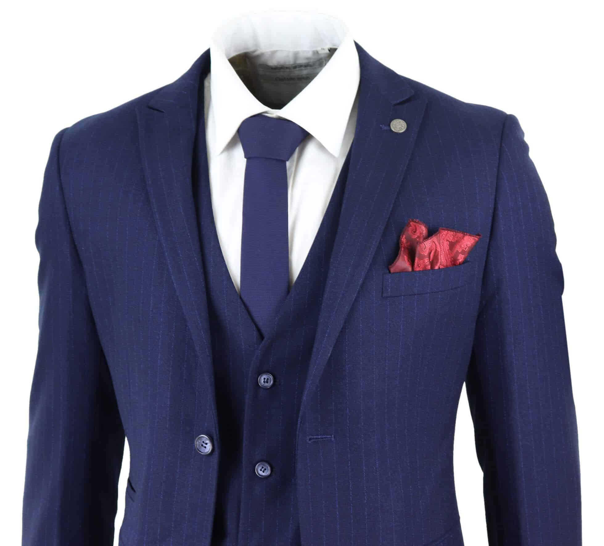 Mens Navy-Blue 3 Piece Pinstripe Mafia Suit | Happy Gentleman
