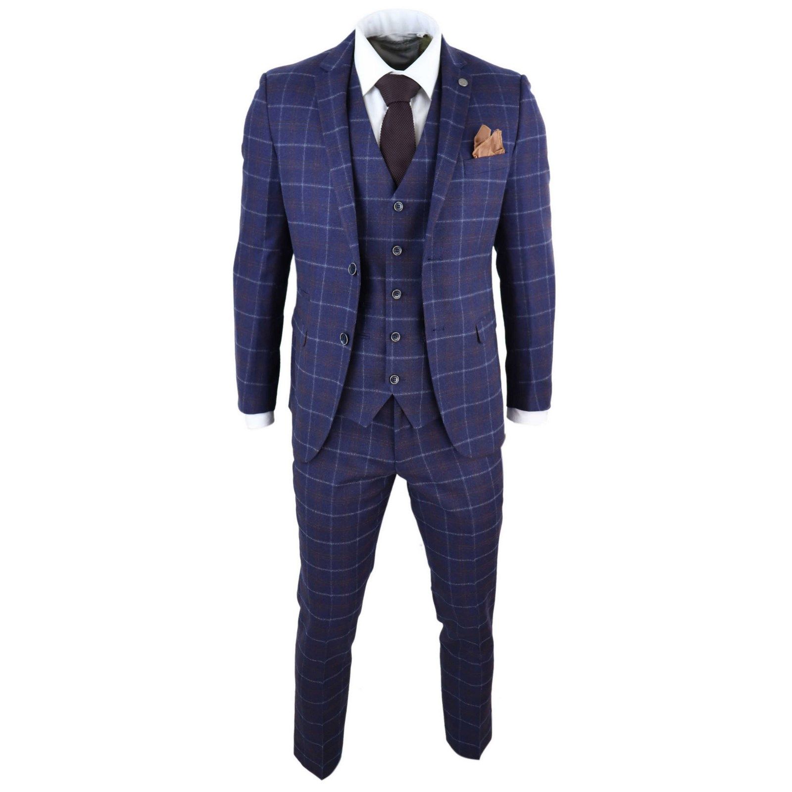 Men's Paul Andrew 3 Piece Navy Blue Textured Business Wedding Suit Tailored Fit 
