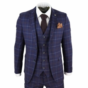 Mens Navy-Blue Check 3 Piece Suit – Paul Andrew Kenneth