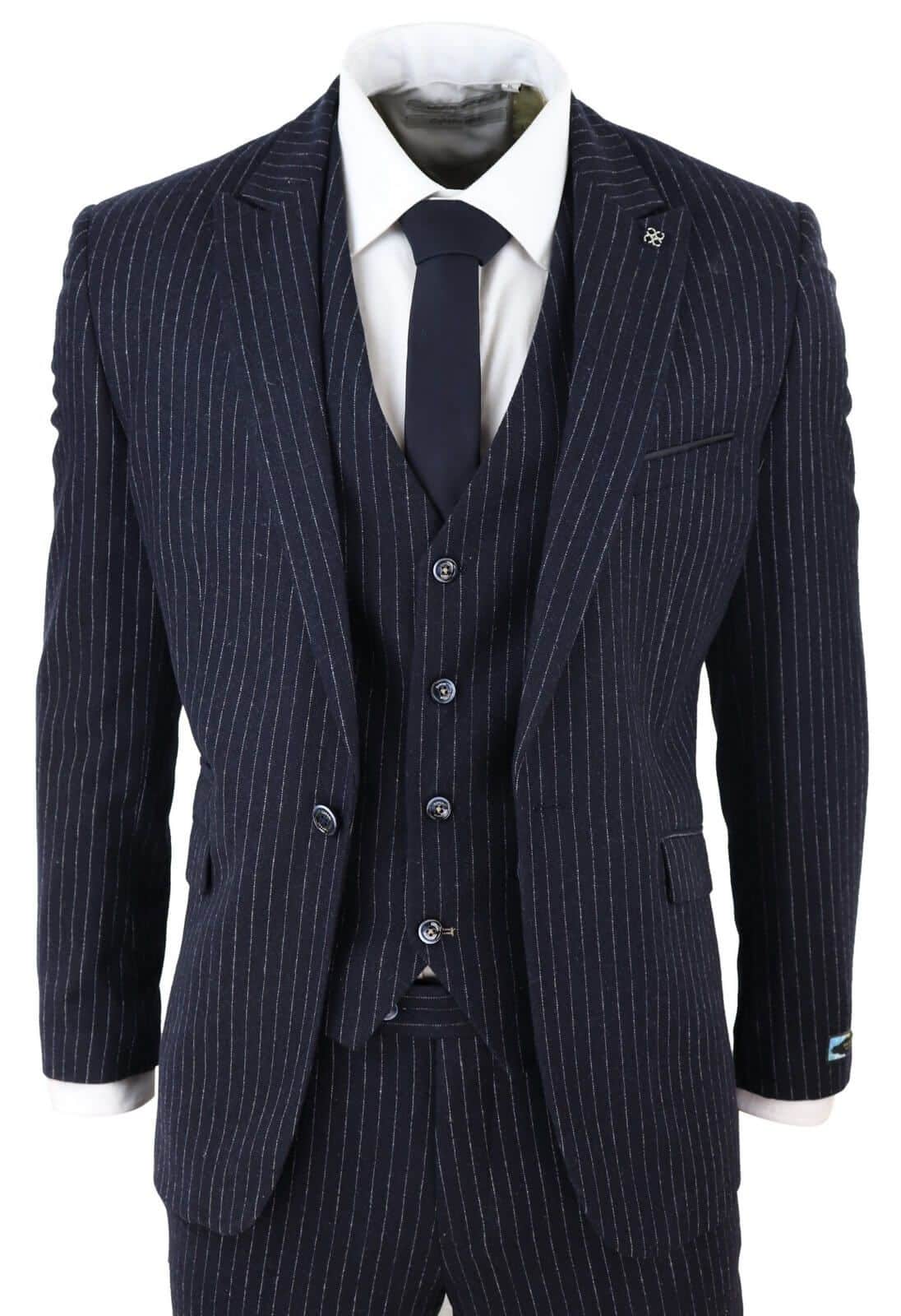 Mens Navy-Blue Pinstripe 3 Piece Vintage Suit | Happy Gentleman