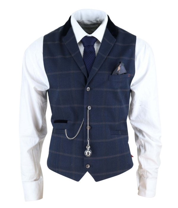 Mens Navy Check Waistcoat with Pocket Watch